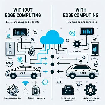 Comparison diagram: Left side shows IoT devices like a car and camera sending thick data streams to the cloud without edge computing. Right side shows the same devices processing data locally with edge computing, sending only thin, reduced data streams to the cloud.