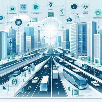 Diagram of an Intelligent Transportation System (ITS) showing connected vehicles, smart traffic signals, and data flow optimizing city traffic.