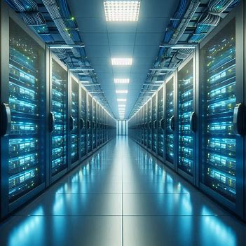 The physical infrastructure of cloud computing: a vast room filled with tall server racks and network cables.