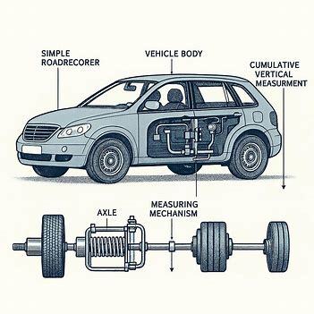 Diagram of a historical Bump Integrator device attached to a vehicle's axle, measuring vertical motion to calculate road roughness as a precursor to modern pavement surveys