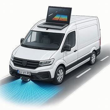 A modern road survey vehicle using roof-mounted laser profilometers to scan the pavement surface, creating a millimeter-accurate 3D digital model for analyzing cracks, ruts, and roughness.
