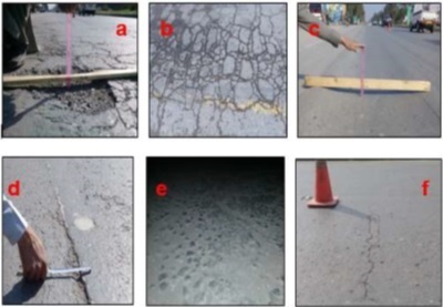 Illustration of common asphalt road distress types: a pothole, alligator cracking, rutting, longitudinal cracks, raveling, and transverse cracks